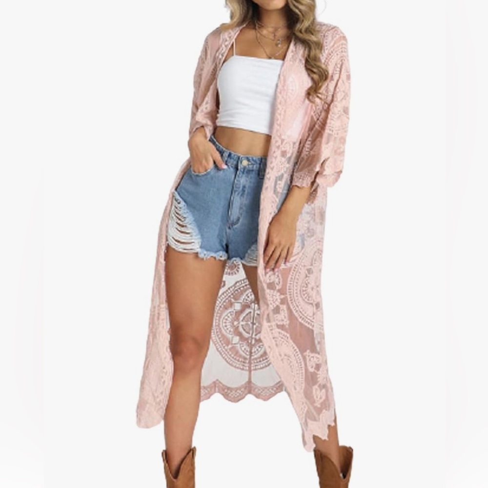 Pink Lace Kimono Cardigan Bohemian Style Plus Size  For Vacation And Outdoor